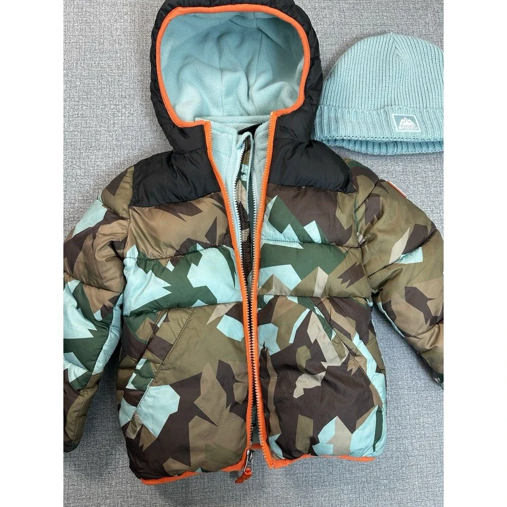 SNOZU Puffer Jacket and Beanie Set Blue Camo Winter Warm Hooded Boys Size 4 T